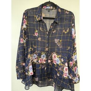 Signature Studio Navy Windowpane Sheer Button Up W Peplum Hem Size XL